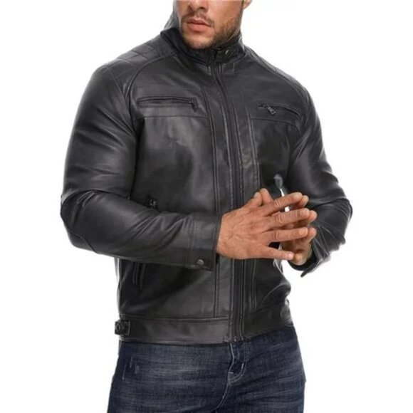 New Men’s Stand Collar Leather Jacket Coat with Zipper Pockets - Picture 3 of 8